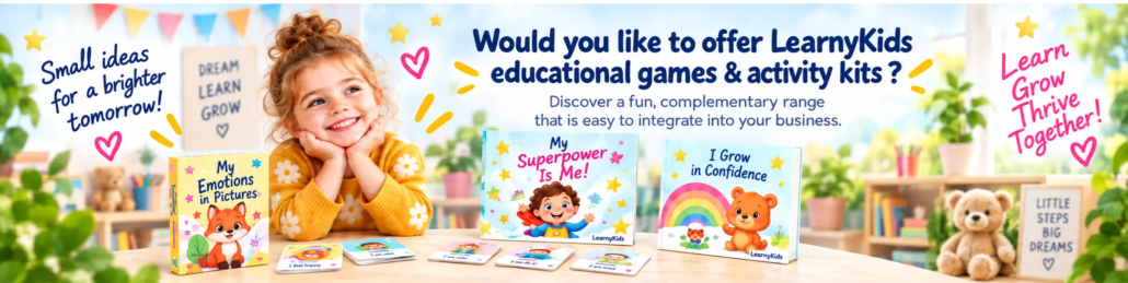learnykids-fun-educational-activity-kits-games-banner Happy young girl surrounded by LearnyKids educational activity kits and games, including My Emotions in Pictures, My Superpower Is Me and I Grow in Confidence.