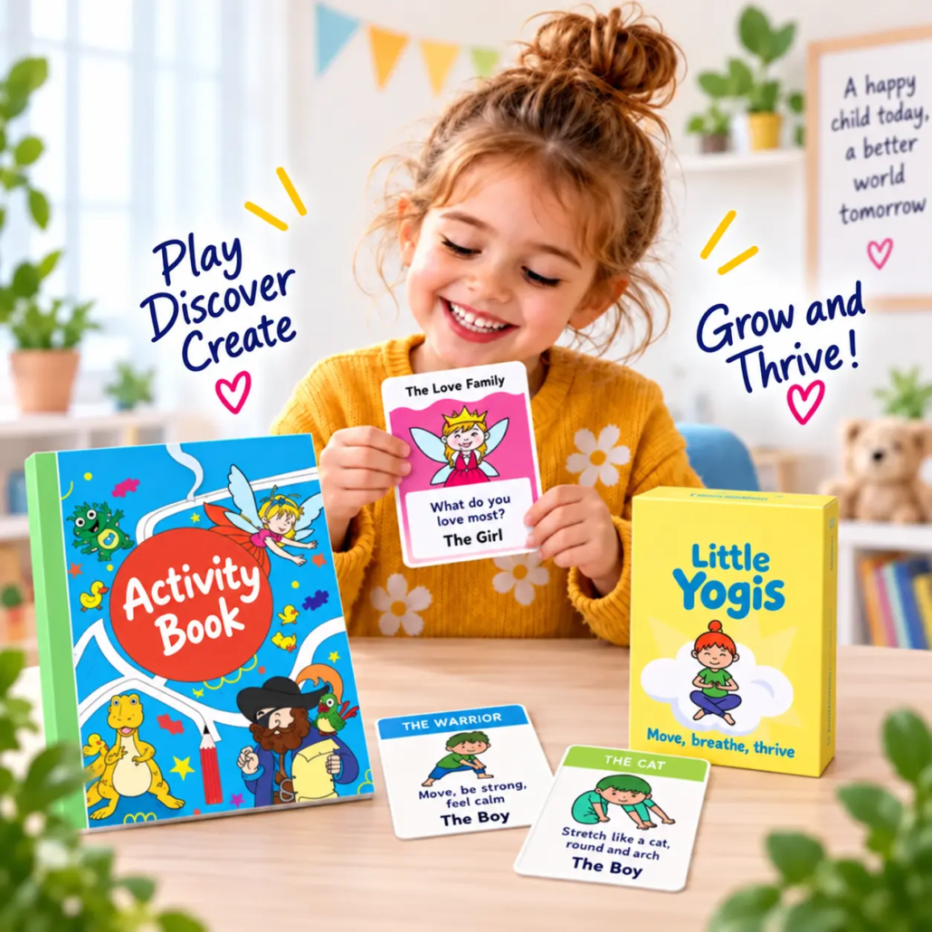 learnykids-fun-educational-activity-kits-games-for-kids Happy young girl exploring LearnyKids educational activity kits, including Little Yogis yoga cards, an activity book and fun learning games for children.