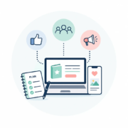 Picto moderne représentant la création d’une stratégie de développement LearnyKids avec ordinateur, téléphone, planning et réseaux sociaux.