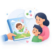 Personne présentant un livre personnalisé LearnyKids à une famille avec enfant.