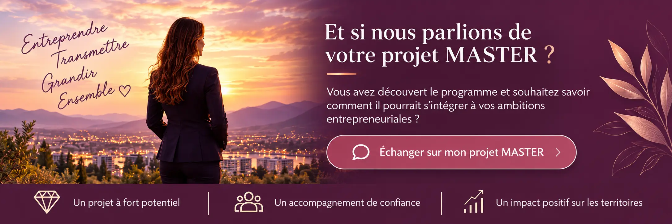 learnykids-master-echange-projet-entrepreneurial-territorial Entrepreneuse contemplant une ville au coucher du soleil, illustrant les opportunités de développement territorial et l'accompagnement du programme MASTER LearnyKids.