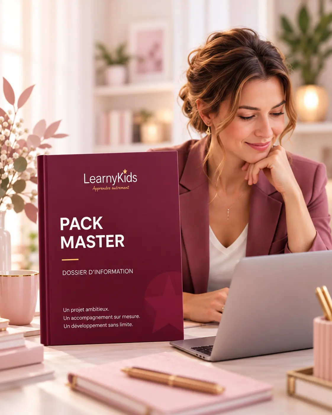 learnykids-pack-master-dossier-information-portrait Femme travaillant sur un ordinateur portable à côté du dossier d’information Pack Master LearnyKids dans un univers doux et professionnel.