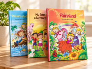 Three LearnyKids personalised children's storybooks featuring Fairyland, My Farm Adventure and Treasure Island.