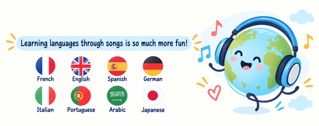 learnykids-personalised-songs-8-languages-learning-through-music LearnyKids personalised children's songs available in 8 languages: French, English, Spanish, German, Italian, Portuguese, Arabic and Japanese.