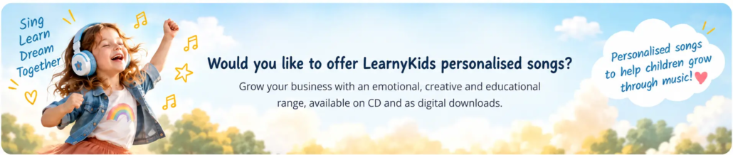 learnykids-personalised-songs-business-opportunity-banner Happy young girl singing and dancing with headphones, illustrating the LearnyKids personalised songs collection available on CD and as digital downloads.