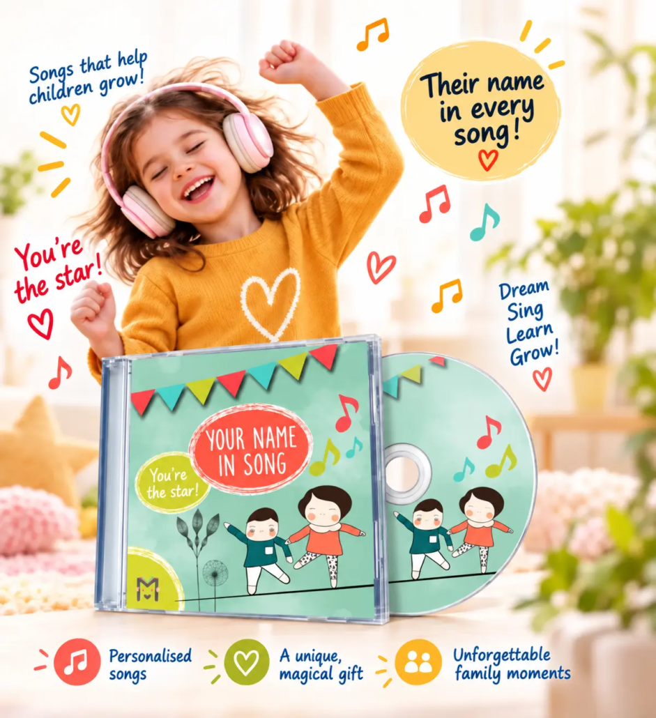 learnykids-personalised-songs-for-kids-cd-music Happy young girl dancing with headphones alongside a LearnyKids personalised music CD, featuring children's songs with their own name.