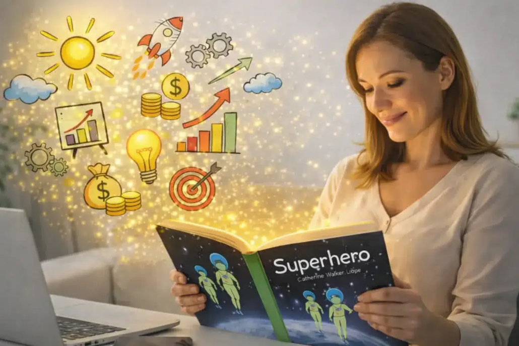 learnykids-personalized-children-book-home-business Woman reading a personalized children’s book at home representing a flexible creative children’s business with LearnyKids