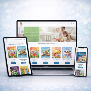 learnykids-responsive-ecommerce-website Responsive e-commerce website showing personalised children’s books on desktop, tablet and mobile devices