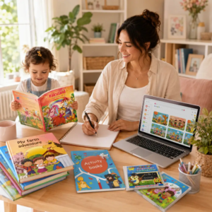 learnykids-starter-pack-home-business-family Entrepreneuse travaillant à domicile avec un enfant et des produits LearnyKids sur son bureau, livres personnalisés, cahiers d’activités et CD.