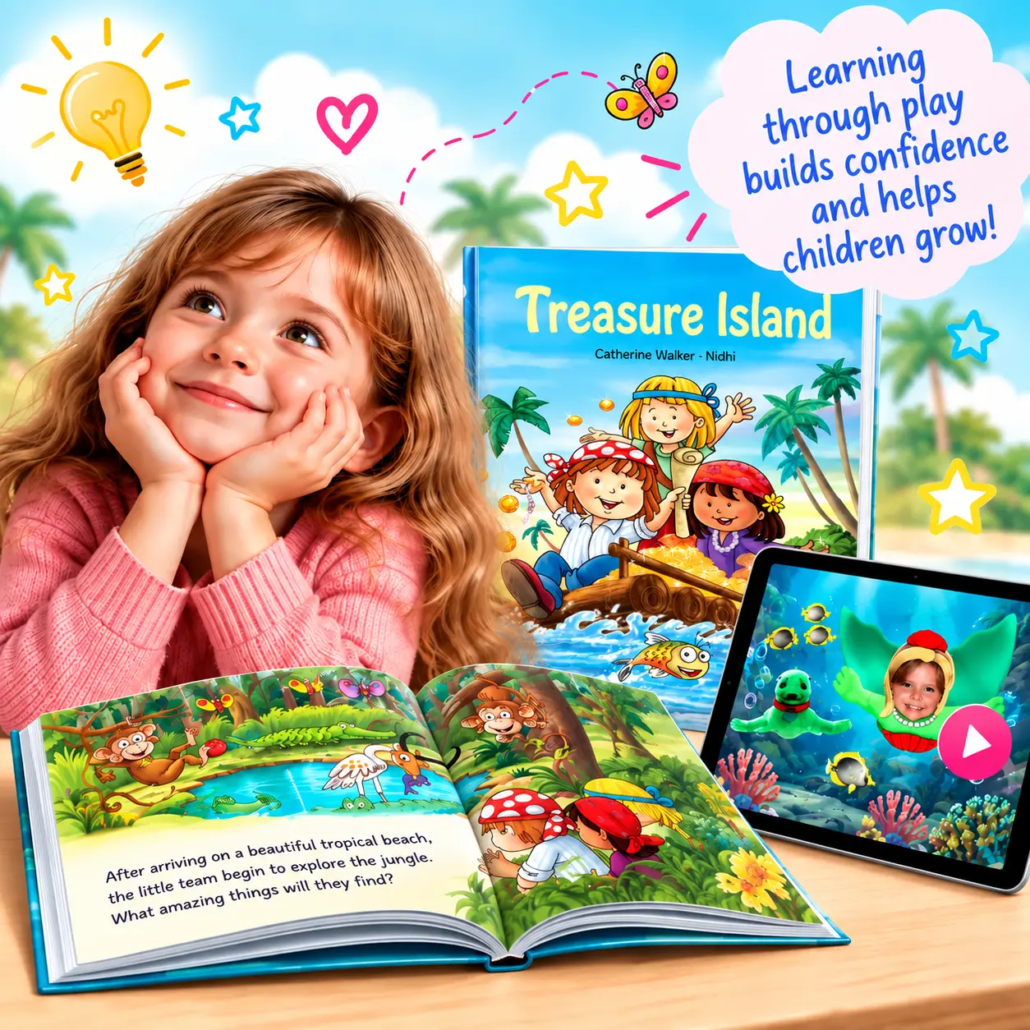 Child discovering LearnyKids personalised books and digital learning activities through play.