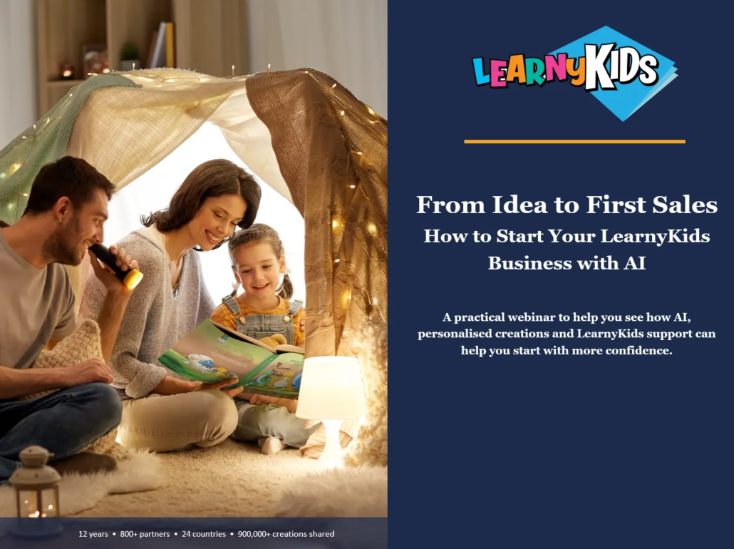 Family reading a personalised LearnyKids book together — Free webinar: From Idea to First Sales, How to Start Your LearnyKids Business with AI