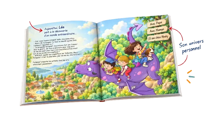 Livre personnalisé LearnyKids avec le prénom de l’enfant, sa famille, son animal et son univers intégrés dans l’histoire