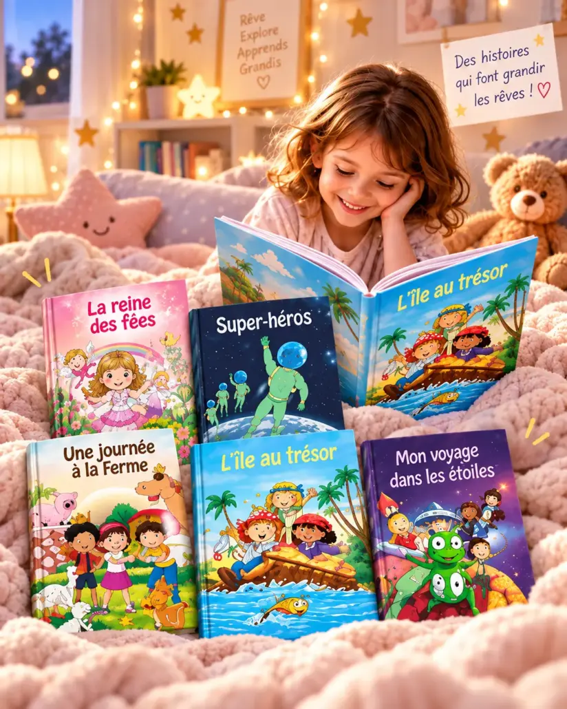 Enfant lisant un livre personnalisé LearnyKids entourée de plusieurs couvertures de livres pour enfants