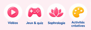 Icônes illustrant les vidéos, jeux et quiz, sophrologie et activités créatives sur fond rose poudré très clair