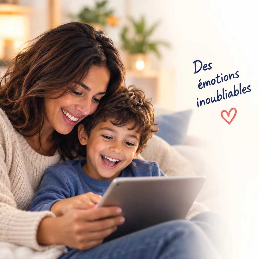 Maman et enfant regardant un dessin animé personnalisé sur tablette