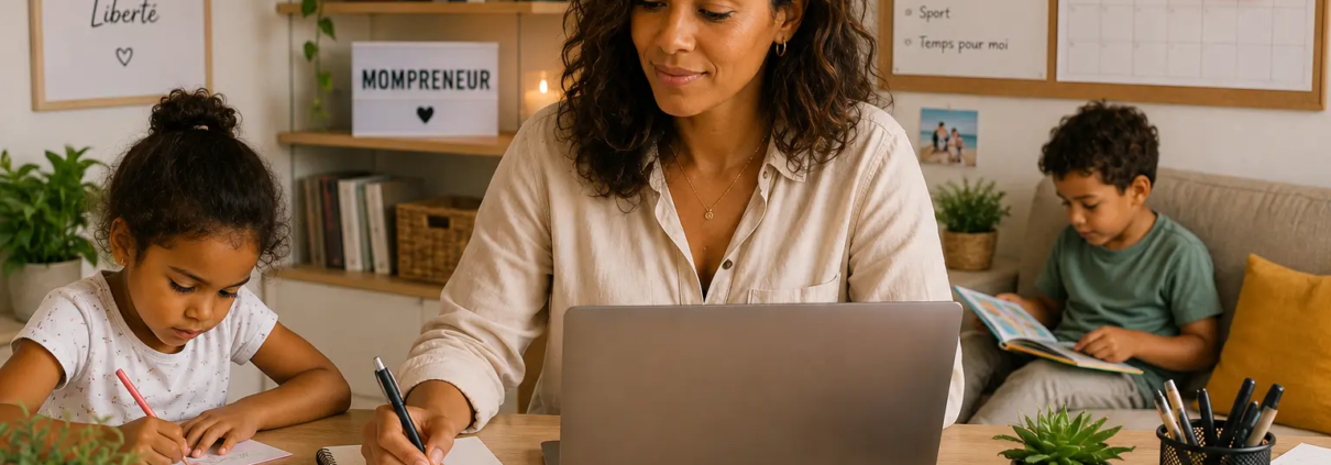 Mompreneur organisant son activité professionnelle à la maison avec ses enfants