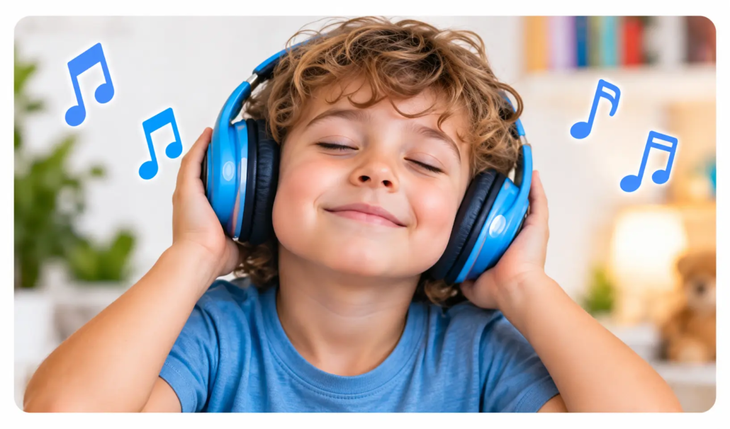 Enfant écoutant une musique personnalisée LearnyKids avec un casque