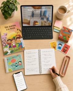 Vue de dessus d’un bureau LearnyKids avec Academy, carnet de plan d’action, téléphone portable et outils éducatifs pour accompagner le lancement d’activité.