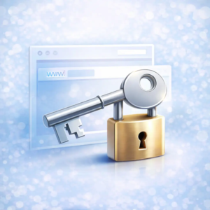 own-your-website-domain-control Website ownership concept with key and lock symbol representing full control and independence of an online business