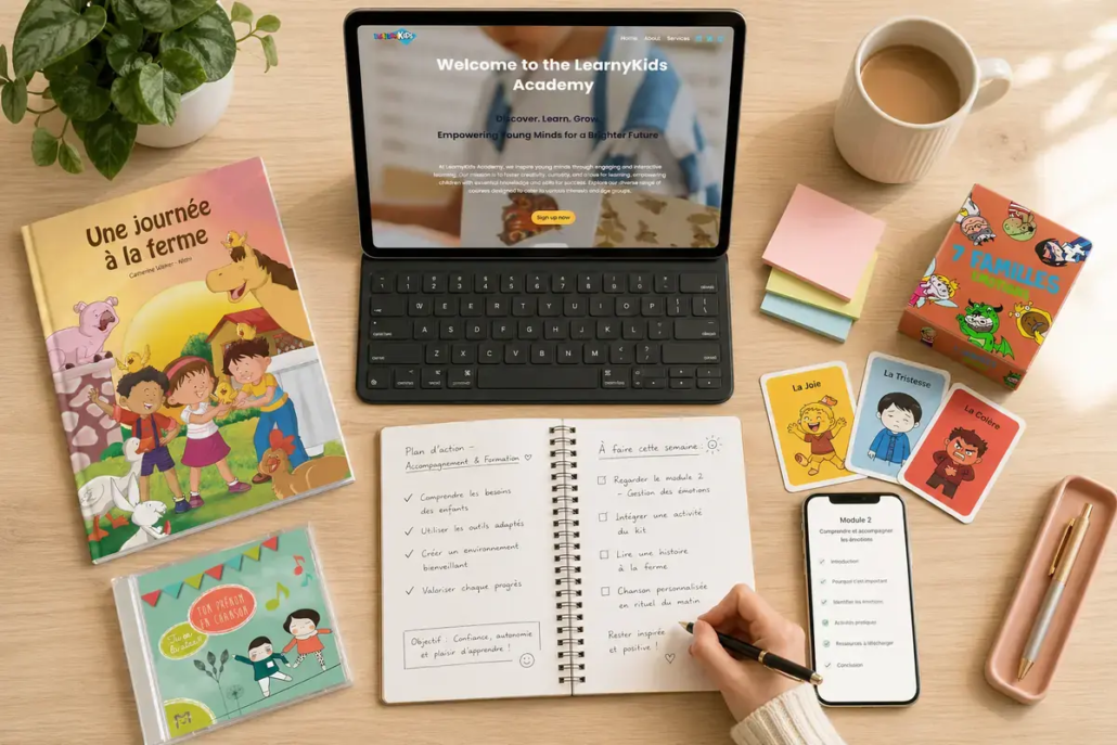 Pack Essentiel LearnyKids avec produits personnalisés, ressources digitales, livre, CD et jeux de cartes éducatifs