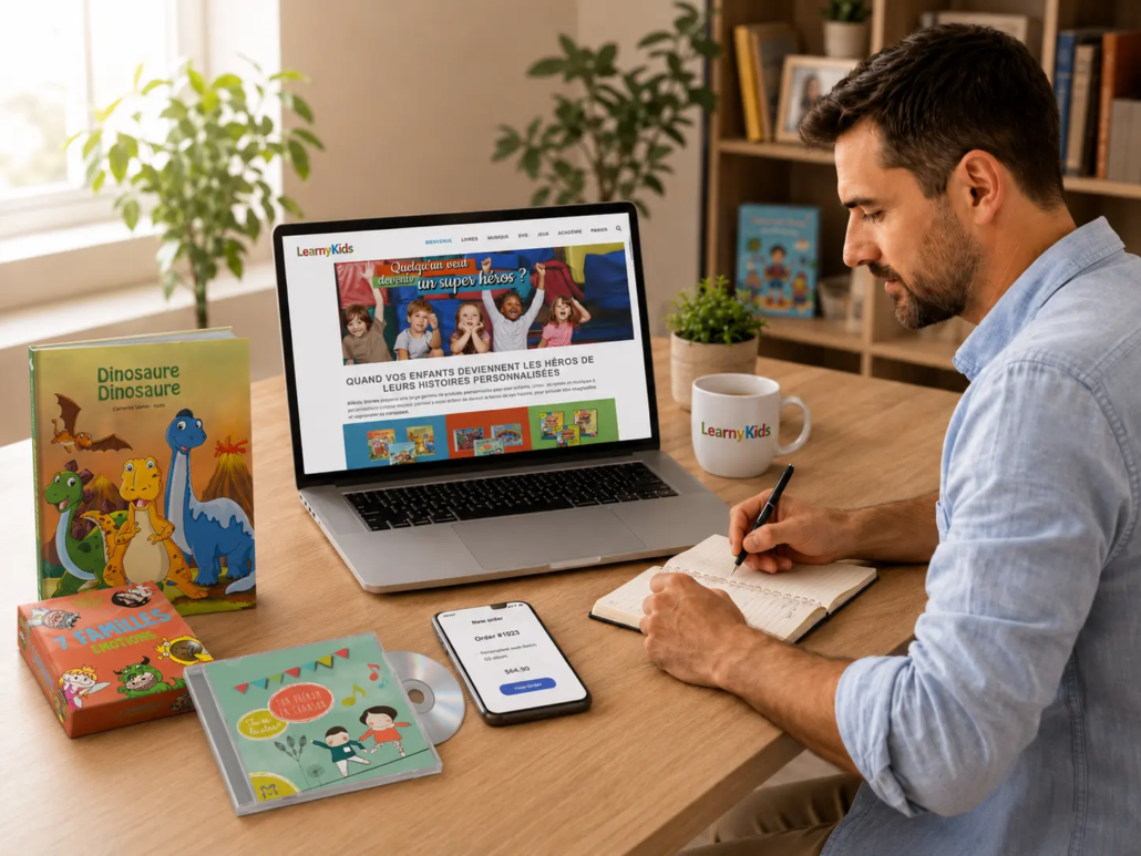 Entrepreneur développant son activité LearnyKids avec site e-commerce, produits personnalisés et outils digitaux