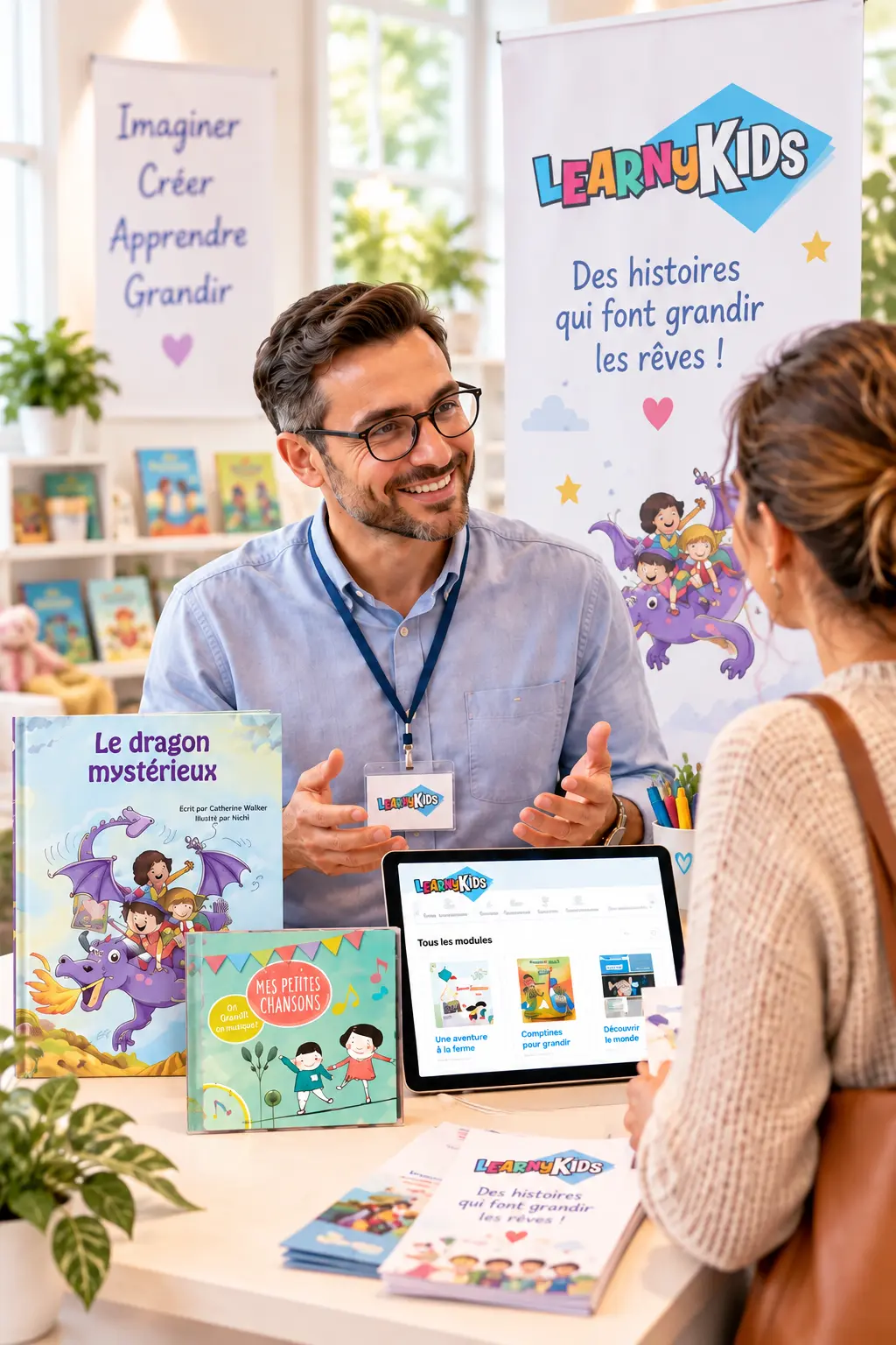 partenaire-learnykids-en-action Partenaire LearnyKids présentant les produits à une cliente