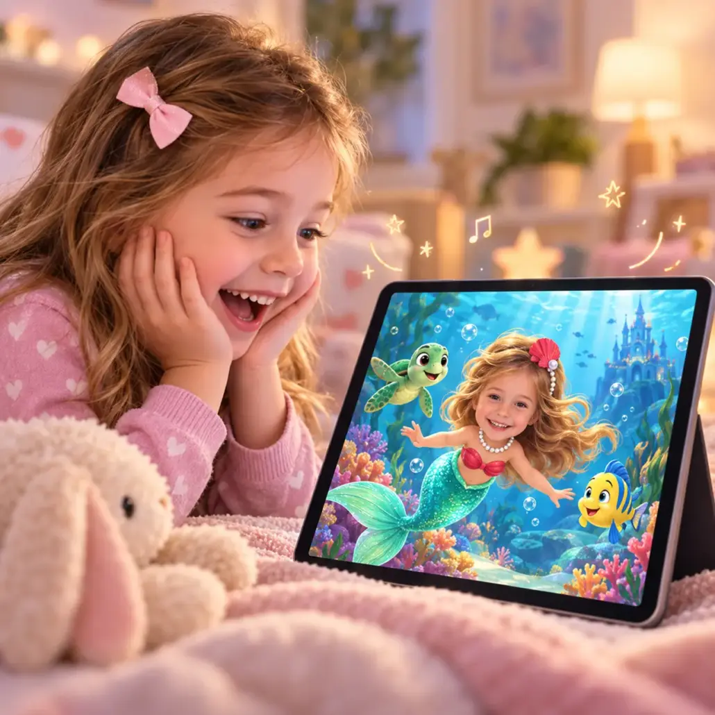 Enfant regardant un dessin animé personnalisé de petite sirène sur tablette