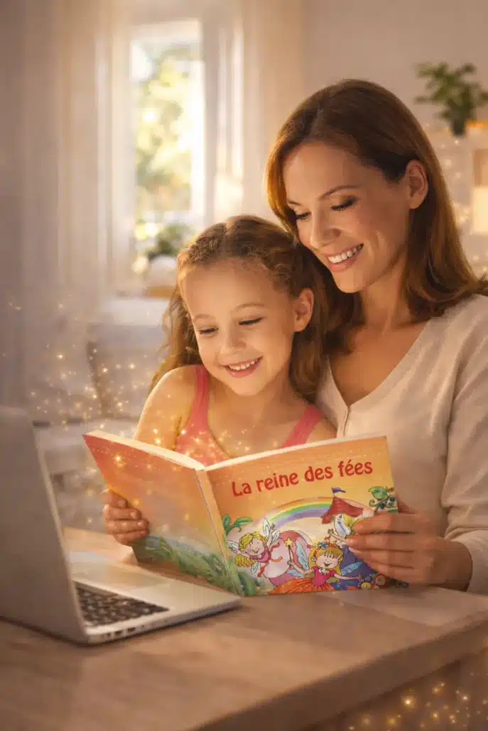 entrepreneure et enfant lisant un livre personnalisé learnykids activité dans l’univers de l’enfance