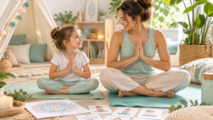 Maman et enfant pratiquant le yoga ensemble dans l’univers Les P’tits Yogis de l’Académie LearnyKids