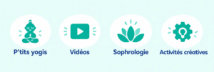 Icônes des activités P’tits Yogis, vidéos, sophrologie et activités créatives de l’Académie LearnyKids