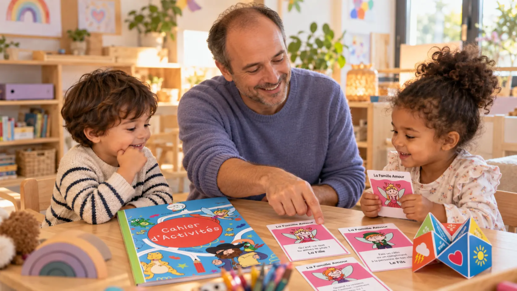 Un professionnel de la petite enfance partage le cahier d’activités et les jeux sur les émotions LearnyKids avec deux enfants.