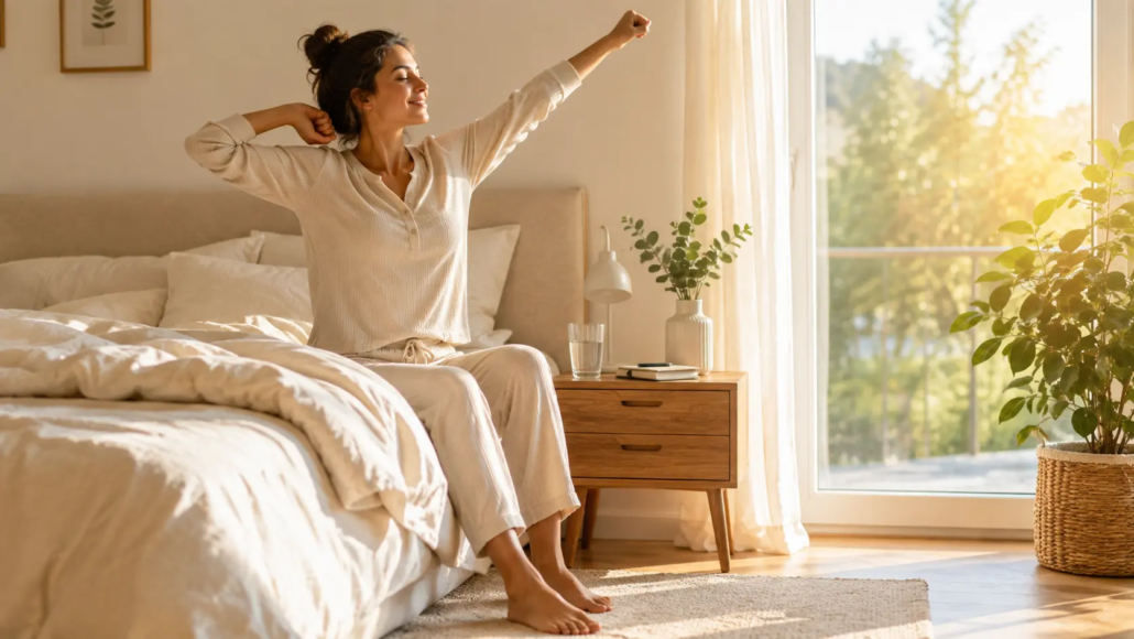Femme qui commence sa routine du matin en s'étirant au réveil