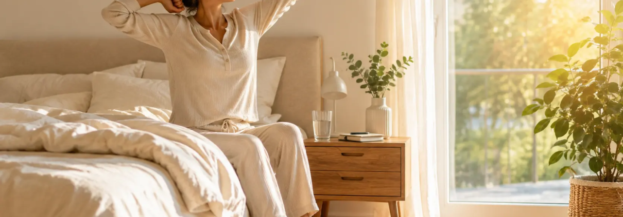Femme qui commence sa routine du matin en s'étirant au réveil