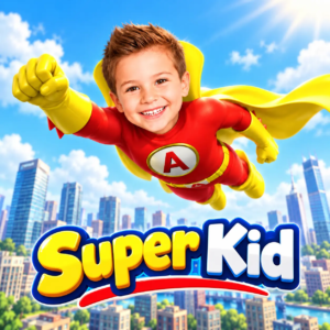 Super kid dessin animé personnalisé où l’enfant devient le héros