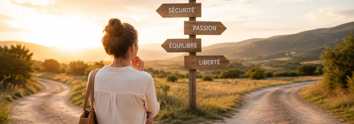 Femme face à plusieurs chemins pour réfléchir à son projet entrepreneurial