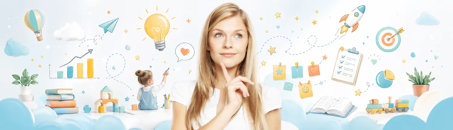 Femme réfléchissant à son profil entrepreneurial dans un univers créatif et inspirant autour de l’apprentissage par le jeu.