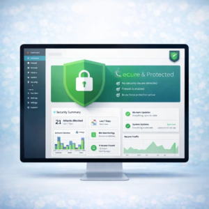 website-security-performance-dashboard Website security dashboard showing protection system with shield and performance monitoring for ecommerce website